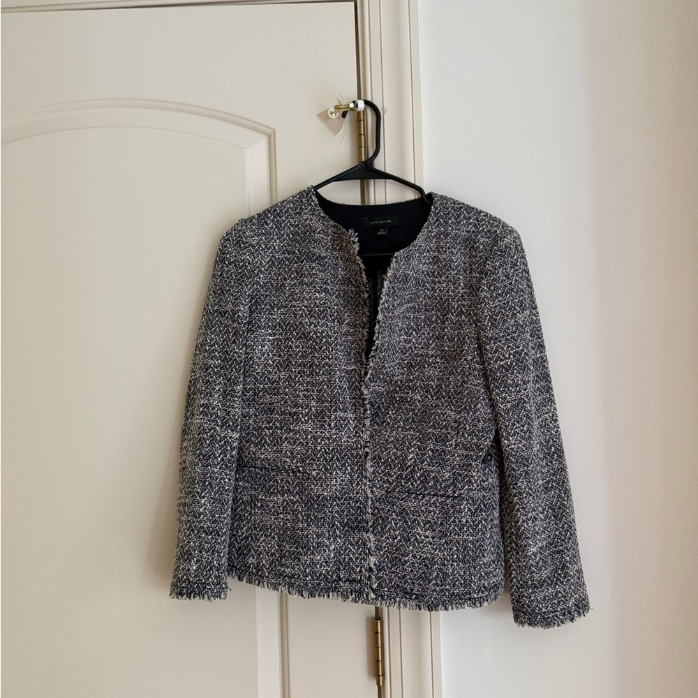 Ann Taylor Gray Tweed Blazer with Fringed Edges